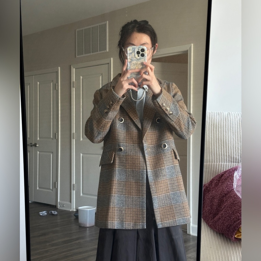 Women’s Plaid Double-Breasted Blazer Jacket - Brown/Gray